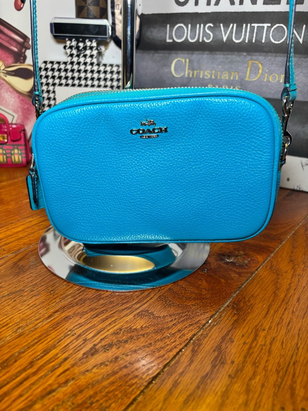 Coach Pebbled Leather Camera Crossbody Bag Turquoise Blue silver Hardware